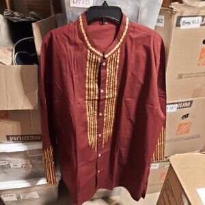 Man Gold Embroidery Formal Wear Extra Long Dress Burgundy Size 3XL